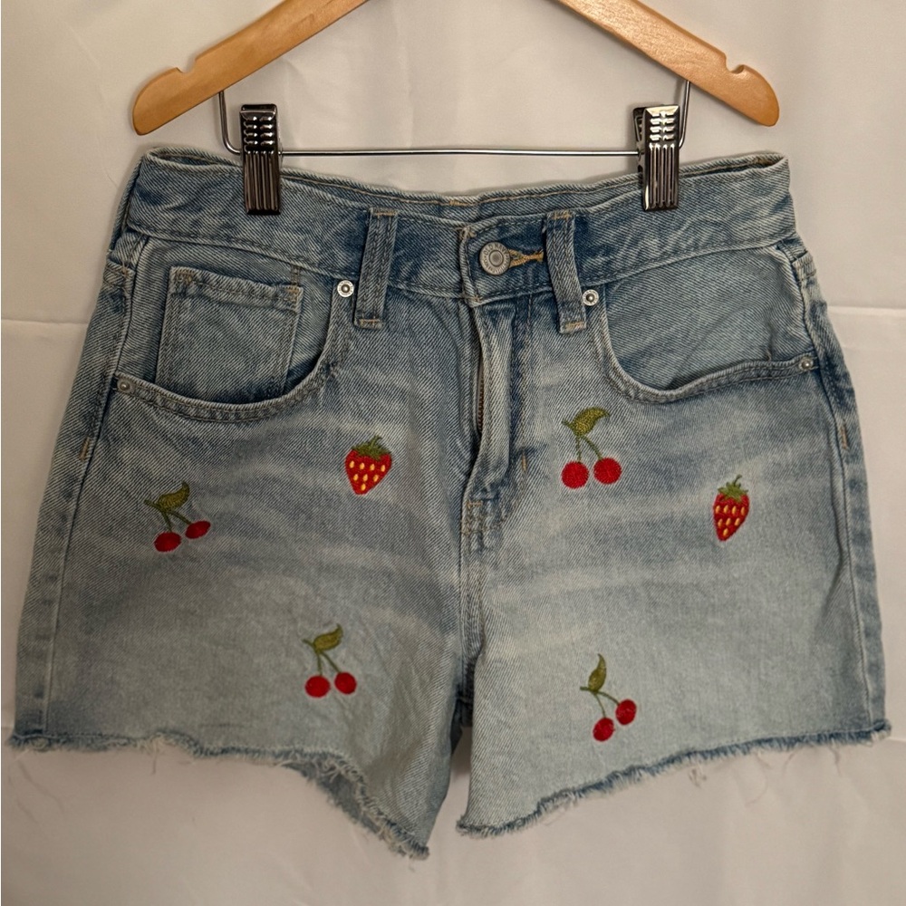 Old Navy Light Blue Jean Shorts with Fruit Embroidery, size 14